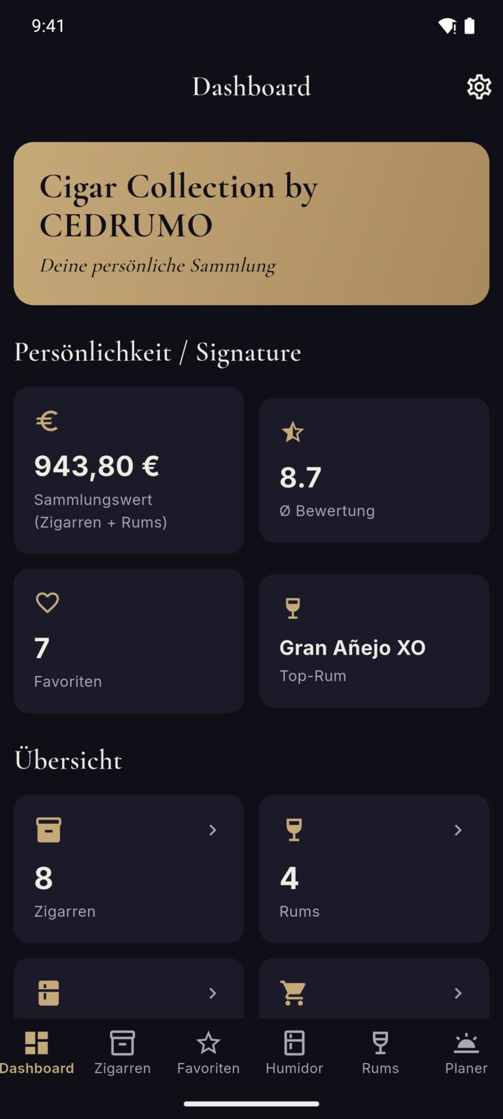 CEDRUMO Luxus-Dashboard mit Sammlungswert, Bewertung und Favoriten