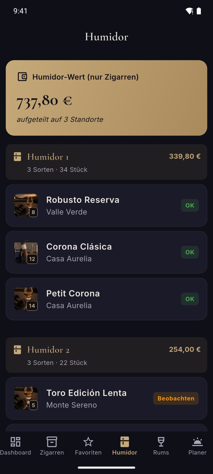 CEDRUMO Humidor-Liste nach Standorten mit Wert und Status