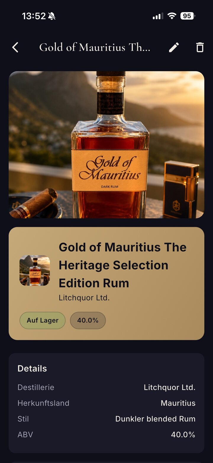 Rum-Detail in CEDRUMO mit Sorte, Stärke und Aromen